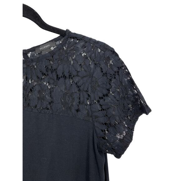 Halogen Top Womens Size Small Lace Yoke Short Sleeve Jersey Knit Black - Picture 2 of 5